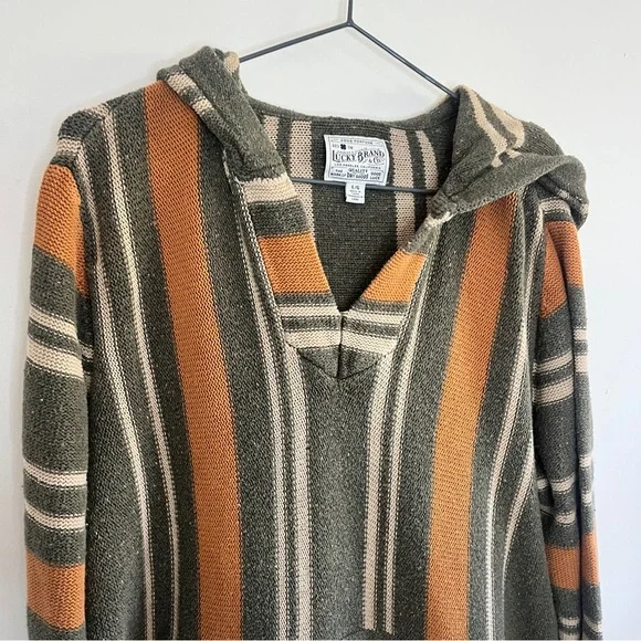Lucky Brand Green Striped Textured Weave Baja Hooded Relaxed Beach Sweater - Picture 3 of 8